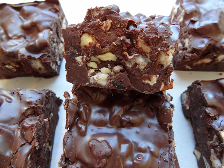 Easter Rocky Road: Passion fruit marshmallow pieces, dried sour cherries, roasted almonds, and 66% dark chocolate