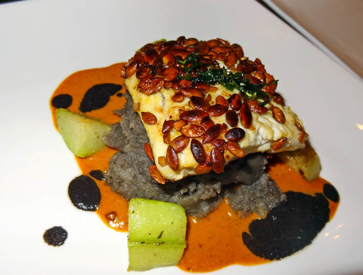 Pescado Con Pepitas (Fall 2013): pan-roasted, pepita-crusted sea bass with corn truffle puree, chayote squash, and two pepper sauces