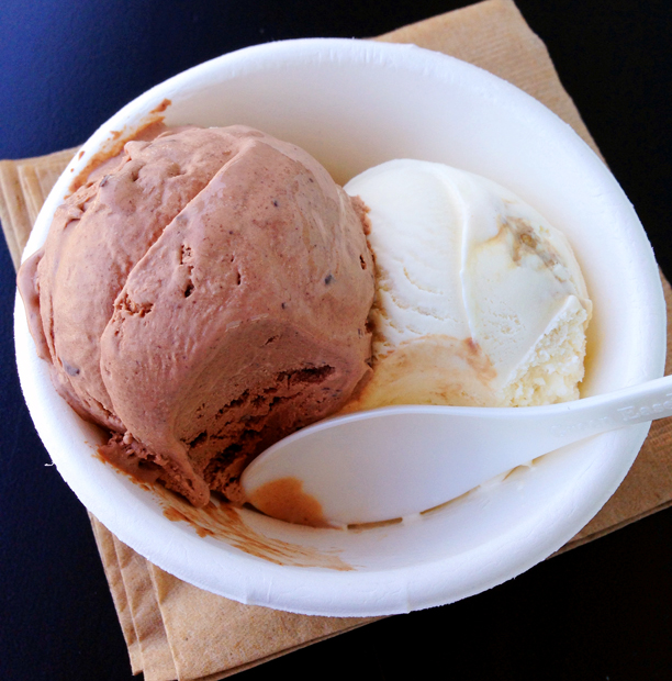Rich Chocolate with TCHO Shards (shown with Sweet Cream with Honey Balsamic Swirl)