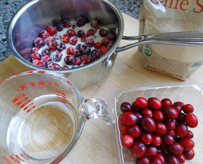 Three ingredients for cranberry syrup: cranberries (natch!), cane sugar, and filtered water