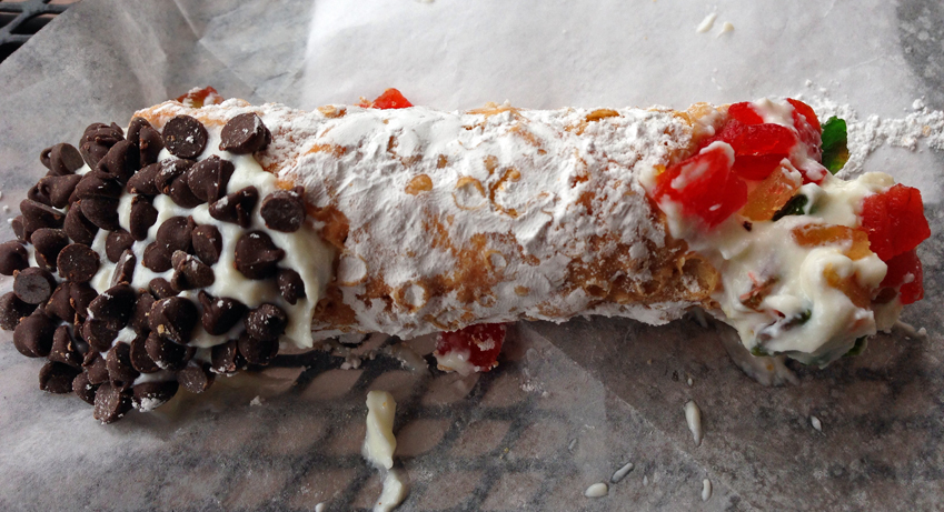 Maria's Pastry cannoli filled to order: classic ricotta filling with chocolate chips and fruit