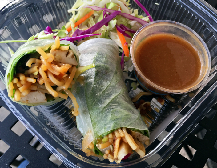 Tofu Spring Rolls from Box's cold case: tofu, vegetables, rice noodles in a rice paper wrapper. Served with cabbage salad and dipping sauce.