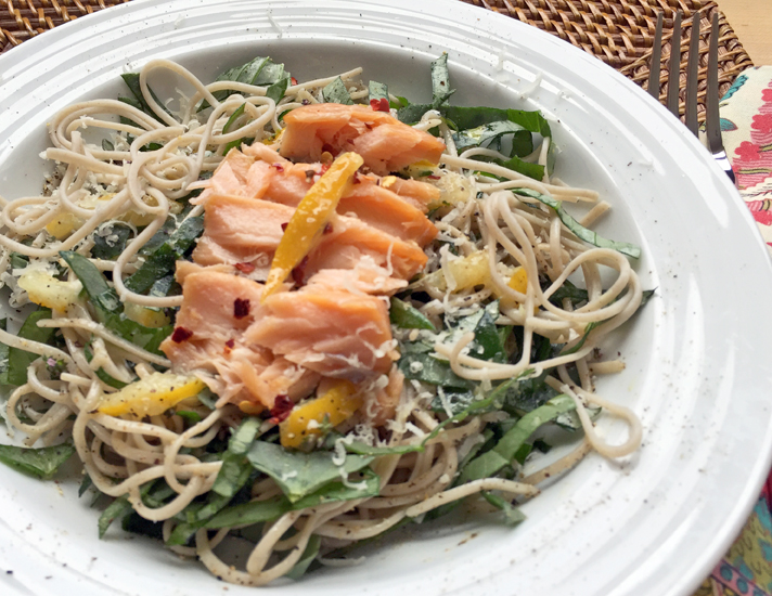 Soba Noodles with Fava Leaves, Hot Smoked Salmon, and Preserved Lemon