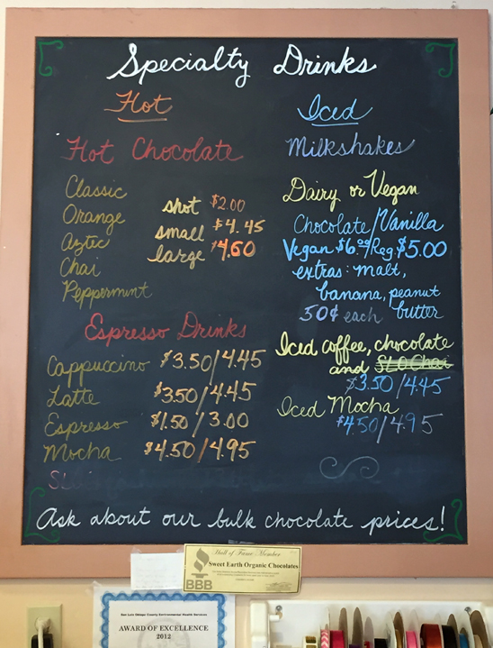 Sit and sip awhile: the drinks menu at Mama Ganache Artisan Chocolates in San Luis Obispo